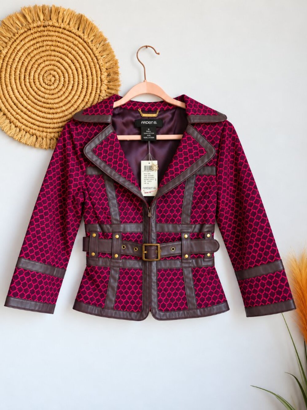 Arden B NEW Vintage Y2K Magenta Geometric Leather Belted Harness Jacket Medium